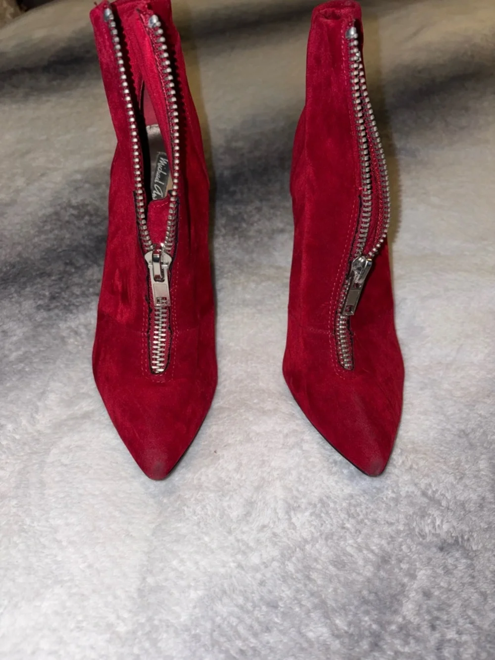 Michael Antonio Red Faux‎ Suede Velvet Front Zip Stiletto Ankle Booties Size 7.5